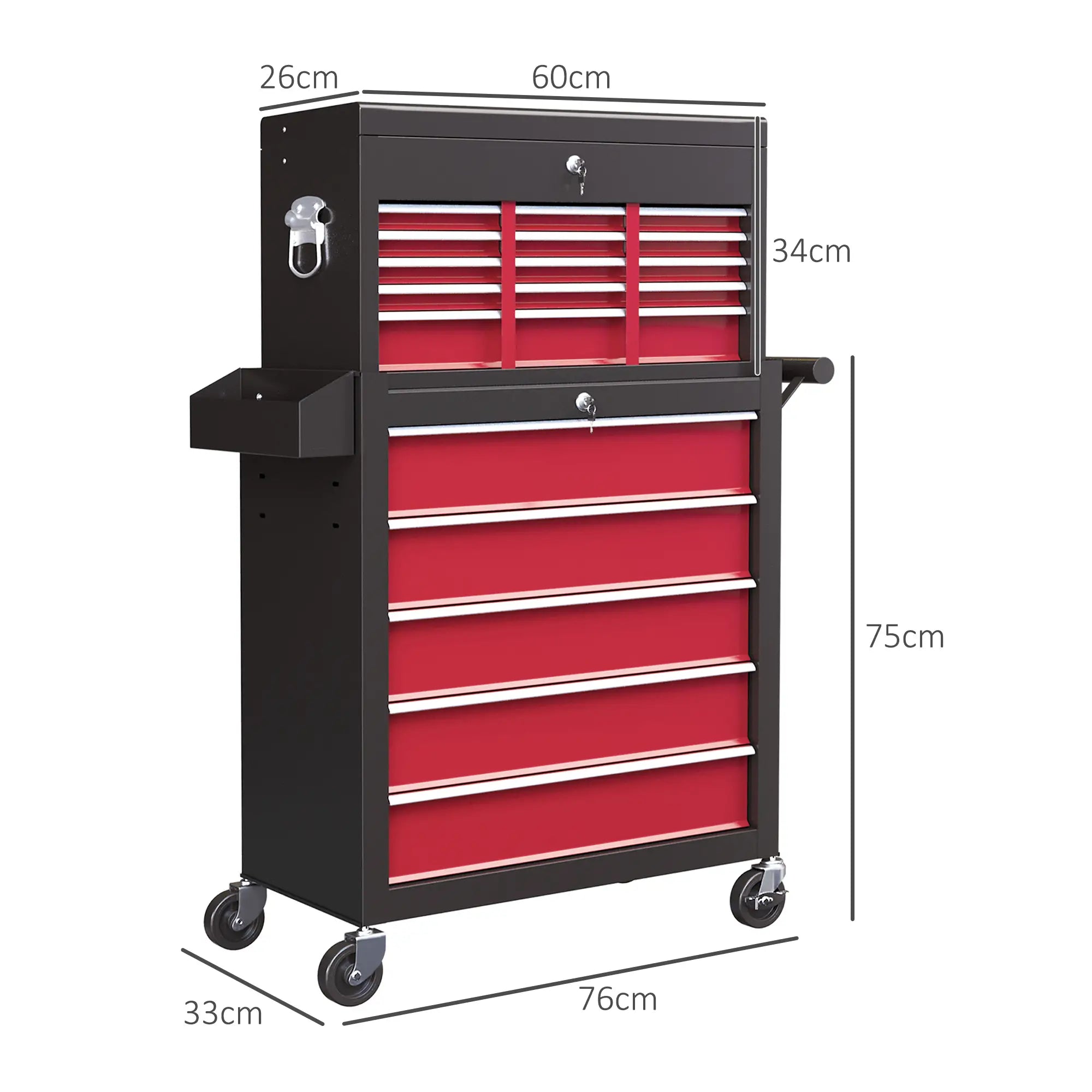 Large Tall Tool Storage Chest on Wheels -  14 Slide-Out Drawers - 2 Parts - Red & Black