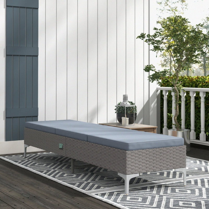 Dark Grey Rattan Sun Lounger with Adjustable Backrest & Washable Cushion for Patio & Garden