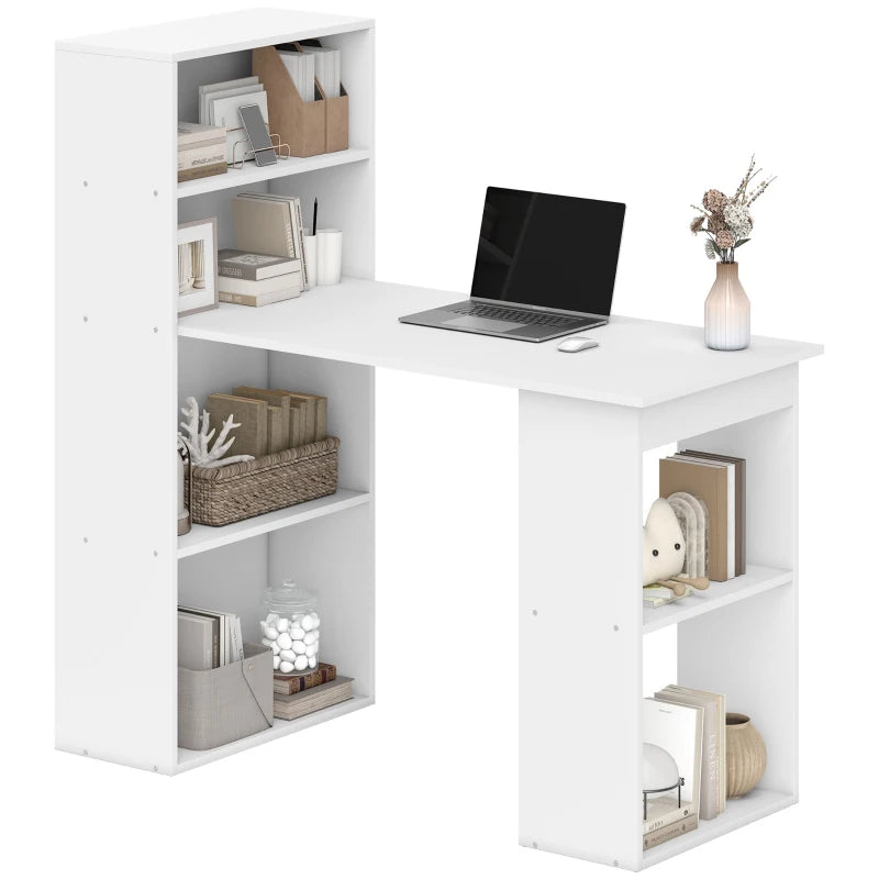 120cm White Wooden Computer Desk with 6-Tier Bookshelves - Stylish Home Office Laptop Table & Writing Workstation
