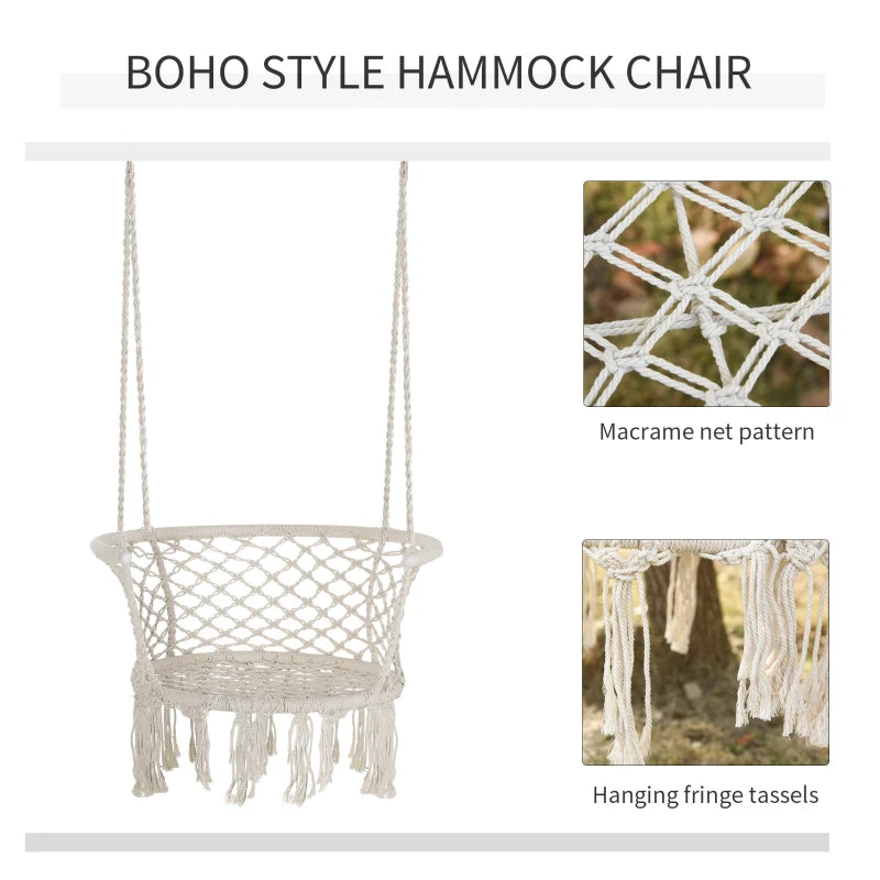 Cream White Macrame Hanging Rope Chair with Backrest for Outdoor and Indoor Use