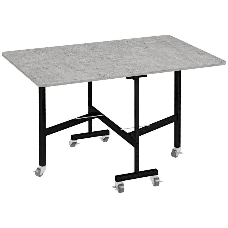 Mobile Drop Leaf Folding Dining Table with 6 Wheels & Brakes - Space-Saving Kitchen Table in Grey Marble Effect