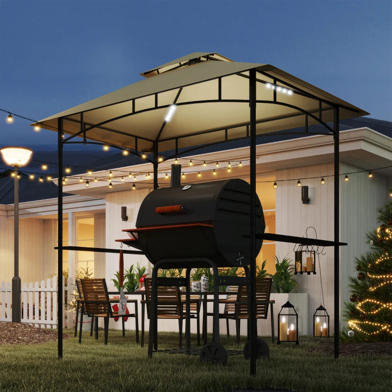 8' x 5' Beige Double Tiered BBQ Grill Gazebo Canopy with LED Lights, 2 Side Shelves & Hooks