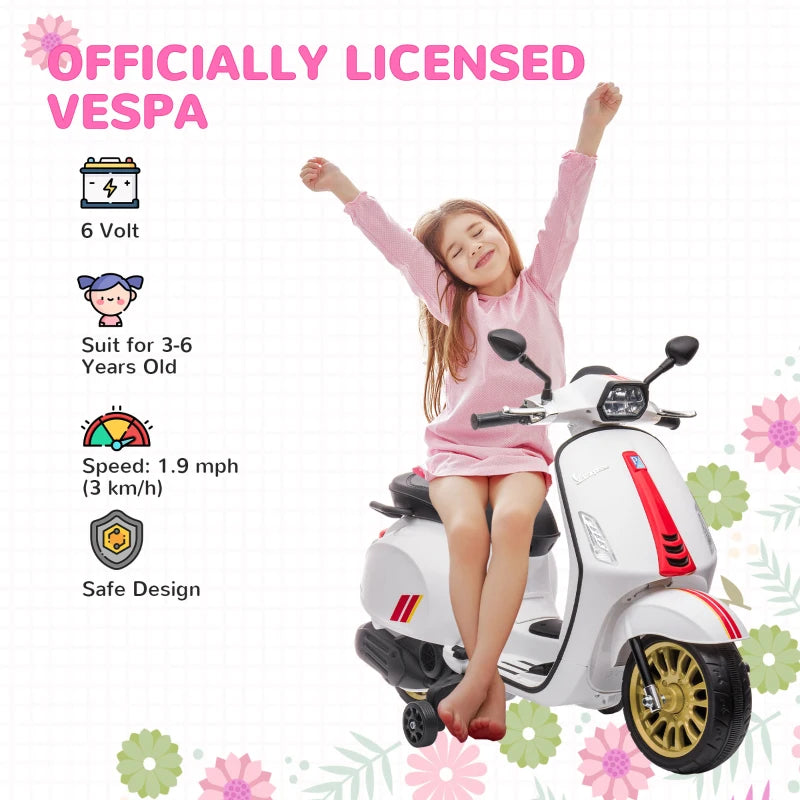 Licensed 12V Kids Electric Vespa Motorbike with Music Headlights FM Radio for Ages 3-6 White