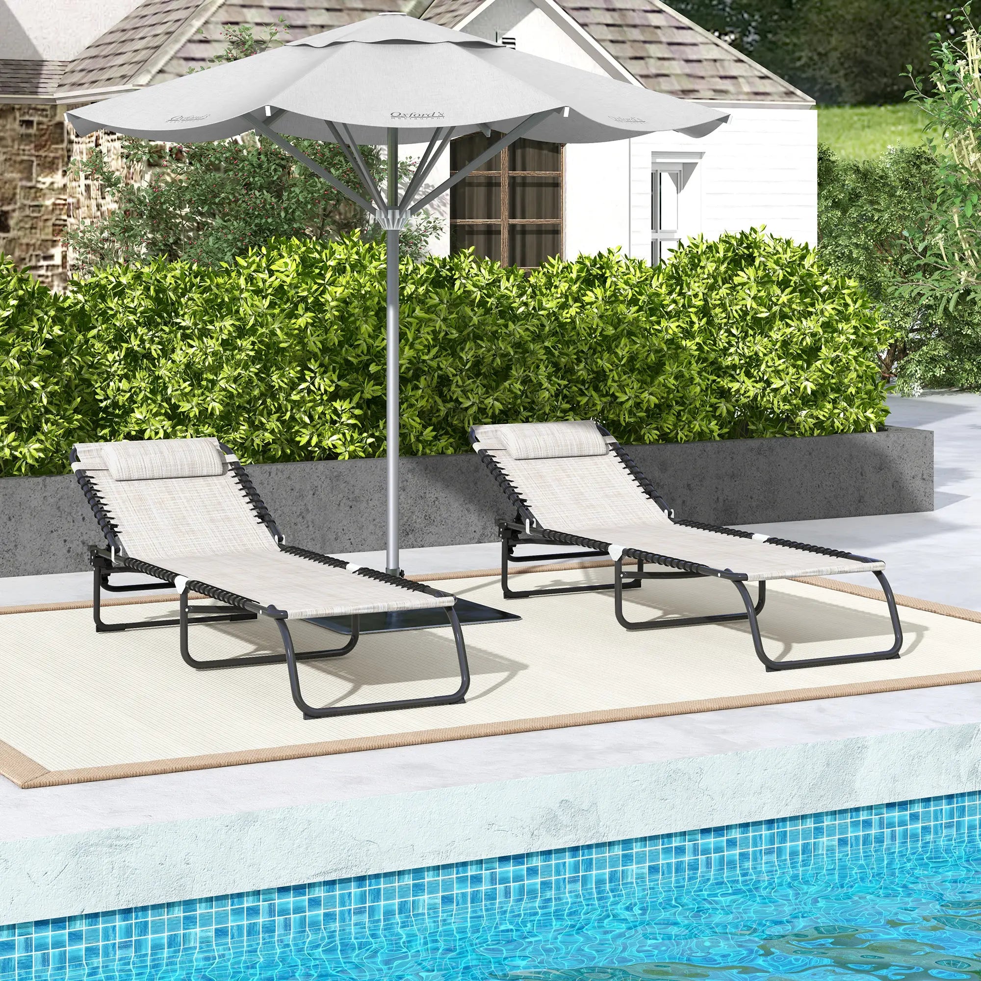 Set of Two Folding Sun Loungers With Four-Position Backs - Cream