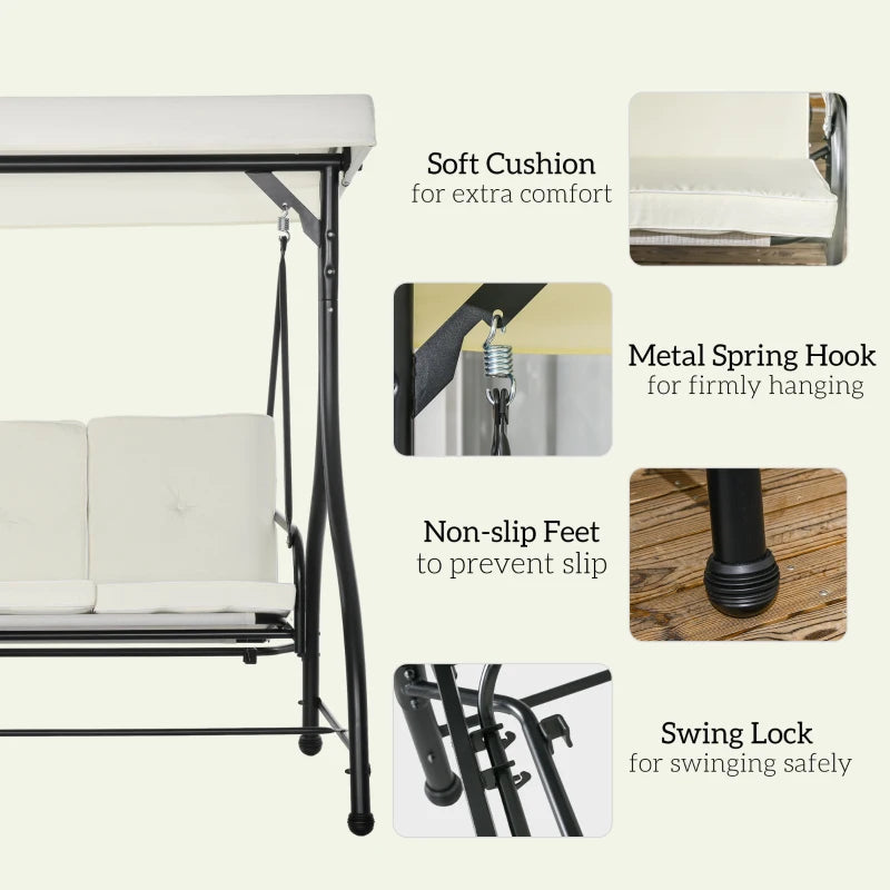 3 Seater Cream White Canopy Swing Chair - 2 in 1 Garden Swing Seat Bed with Adjustable Canopy and Metal Frame