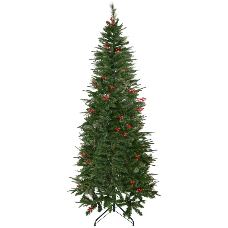 7ft Realistic Green Pencil Christmas Tree with Red Berries, Auto Open Feature - Perfect Holiday Decor