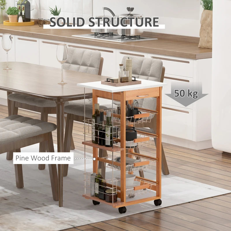 Rolling Kitchen Cart with 4 Basket Drawers & Side Racks - Utility Storage on Wheels for Dining Room, Brown Finish