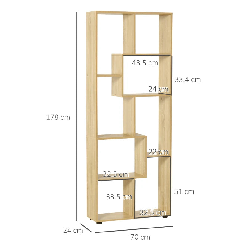 Modern Tall Bookshelf - 8 Cube Storage Unit, Freestanding Room Divider for Living Room, Bedroom & Home Office, 70x24x178 cm, Natural Finish