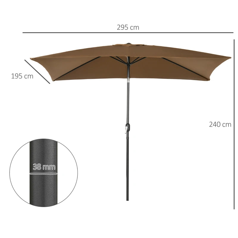 Brown Rectangular Garden Parasol Umbrella with Tilt and Crank