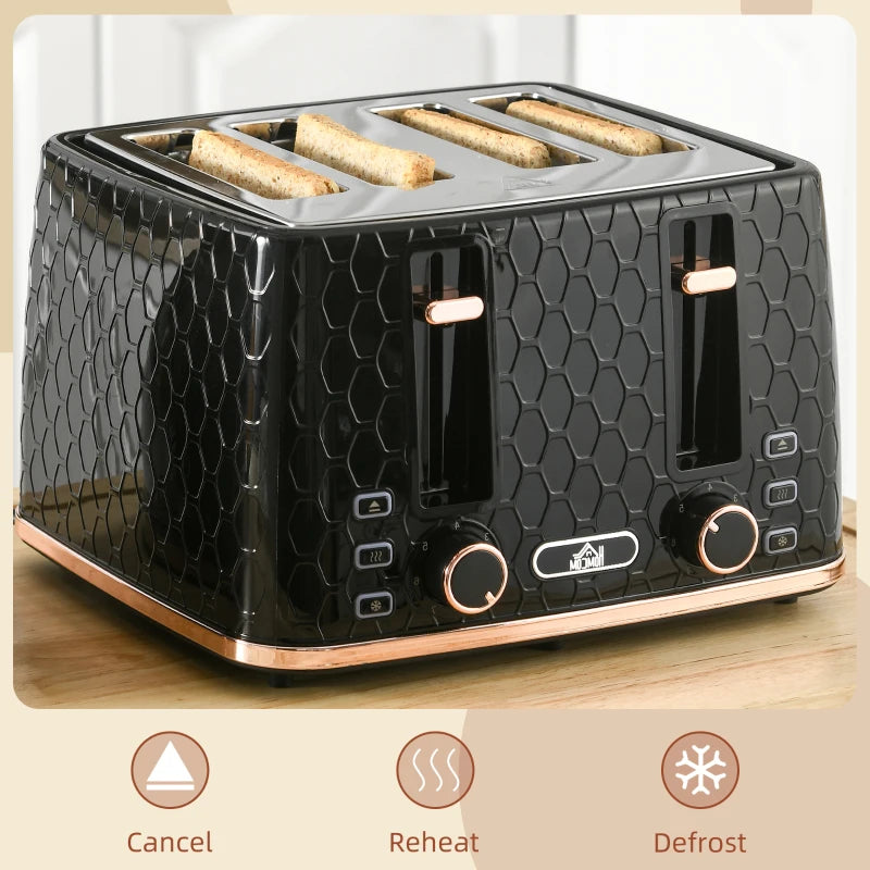 4 Slice Toaster with 7 Browning Levels, High Lift, Auto Off, Black Honeycomb Texture - Perfect for Even Toasting