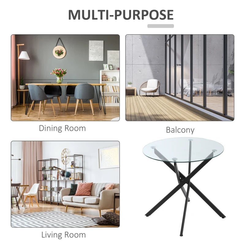 Modern Round Dining Table with Clear Tempered Glass Top & Metal Legs - Stylish Kitchen & Living Room Furniture, Black