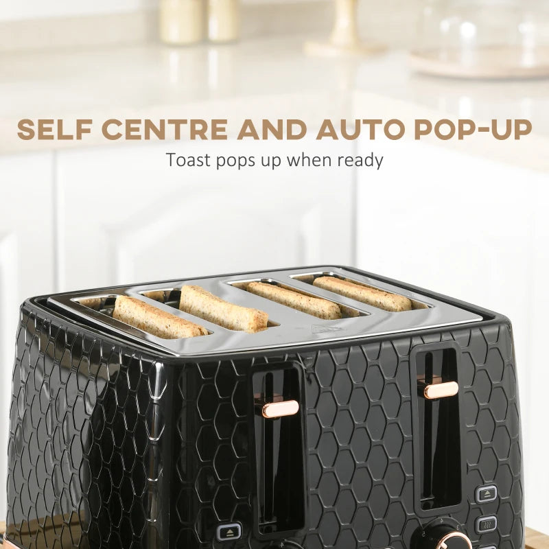 1.7L 3000W Fast Boil Kettle & 4 Slice Toaster Set - Black, 7 Browning Controls, Crumb Tray, Kitchen Essentials