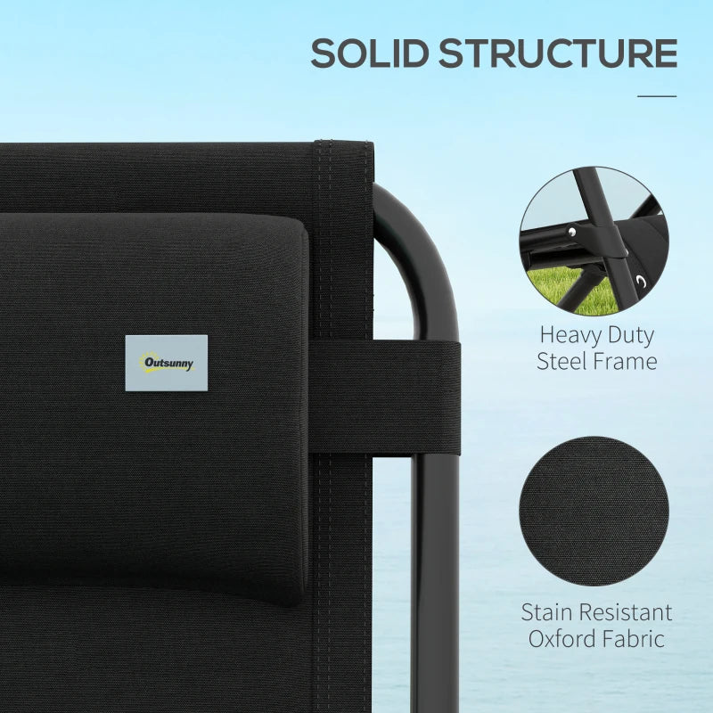 Black Sun Lounger Chair Set of 2 - Folding Reclining Patio Chairs with Padded Seat, Cup Holder, Soft Cushion and Headrest - Black