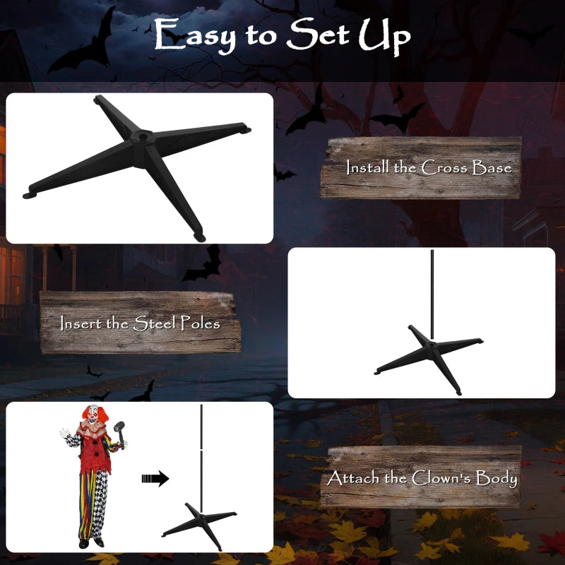 173 cm Life Size Scary Animated Clown with Hammer, Red Light Up Eyes, Sound Activated Arms & Head - Halloween Decoration