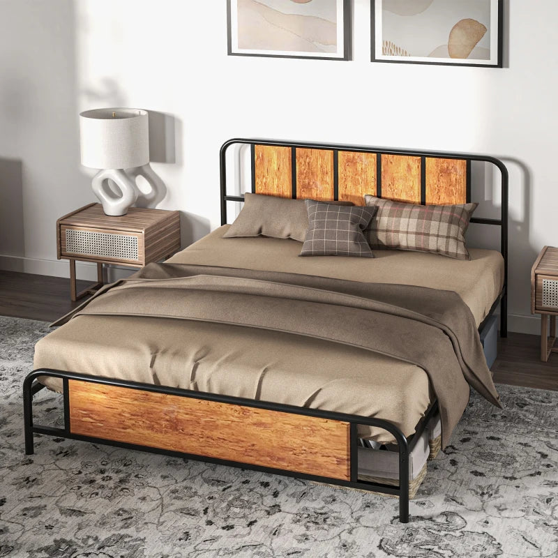 5.2ft King Bed Frame with Industrial Wood Headboard, Steel Slats & 31cm Underbed Storage - Rustic Brown, 160x207cm