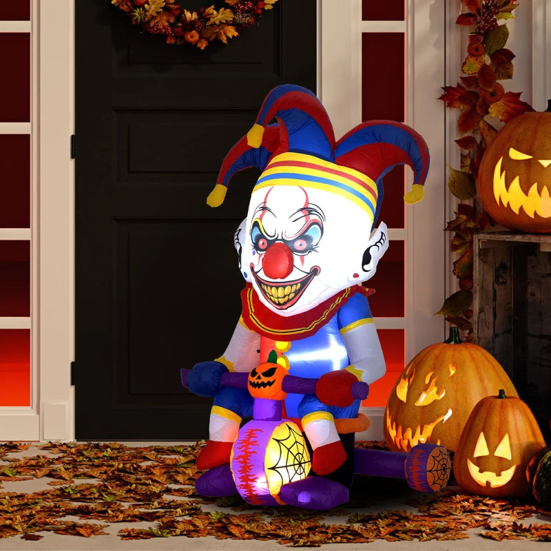 4ft Halloween Inflatable Clown on Bicycle - LED Lighted Outdoor Decoration for Garden & Party - Spooky Blow Up Decor