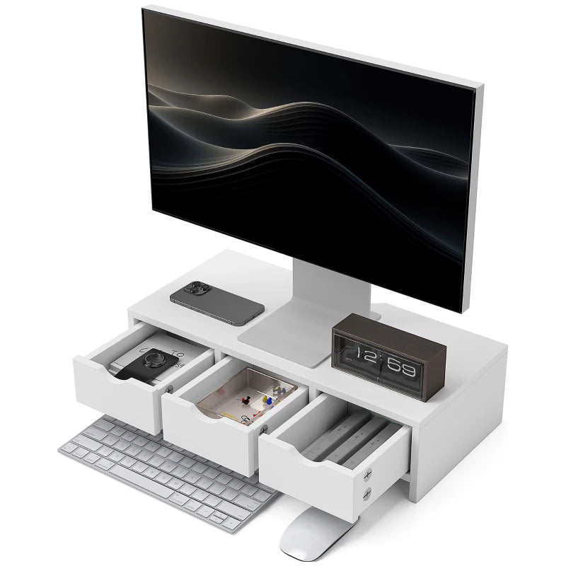 White Monitor Stand Riser with 3 Drawers - Laptop & PC Holder, 51x24x13cm, Ideal for Small Printers & Desks