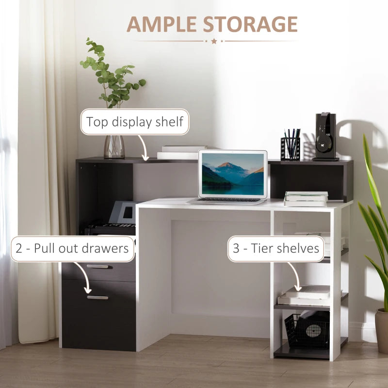 Modern Computer Desk with Drawers & Storage Shelves - Large Office Writing Table with Printer Stand, Black & White, 137x55x92cm