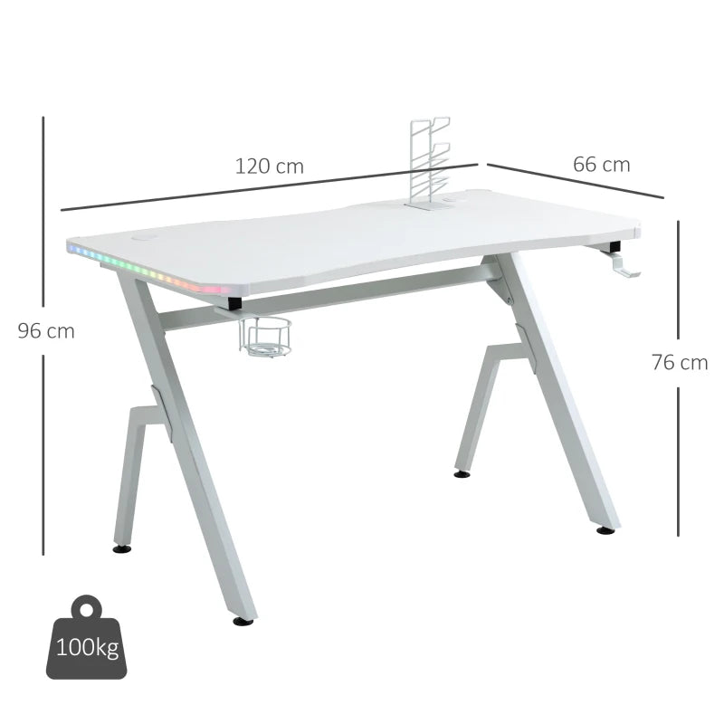 RGB Gaming Desk 120x66cm - Carbon Fibre Computer Table with Headphone Hook, Cup Holder & Controller Rack - White Home Office