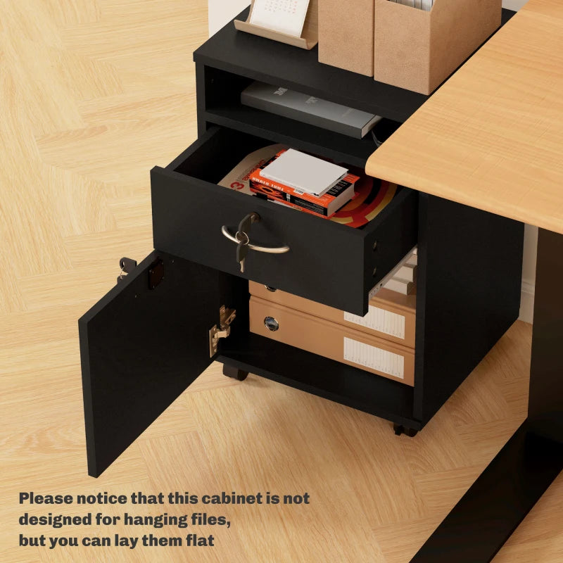 60cm Mobile Filing Cabinet with Drawer & Open Shelf, 4 Wheels, Metal Handles, 2 Locks - Black Office Organizer