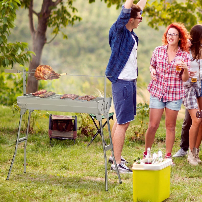 Portable Charcoal BBQ Rotisserie Grill - Foldable Legs, Black