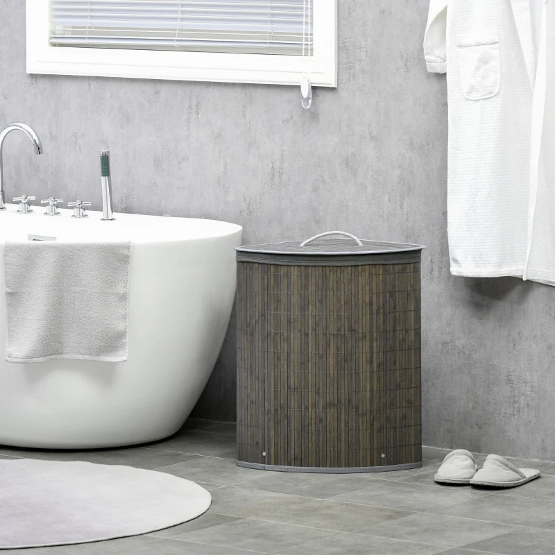Stylish Grey Bamboo Laundry Basket with Lid - 55L Hamper, Removable Washable Lining, Perfect Corner Storage, 38x38x57cm