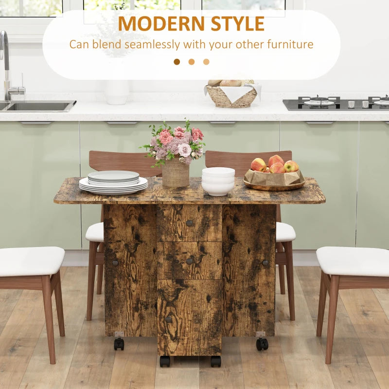 Rustic Brown Multi-Storage Drop Leaf Dining Table for Six - Space-Saving Design, Perfect for Family Gatherings