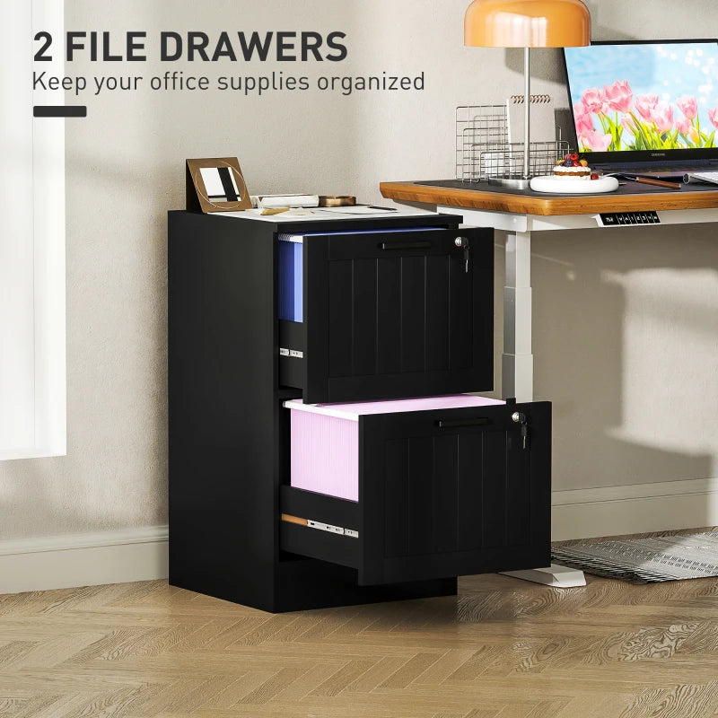 Secure 2 Drawer Filing Cabinet with Lock - Adjustable Hanging Bars for A4 Files - Stylish Black Office Storage Solution