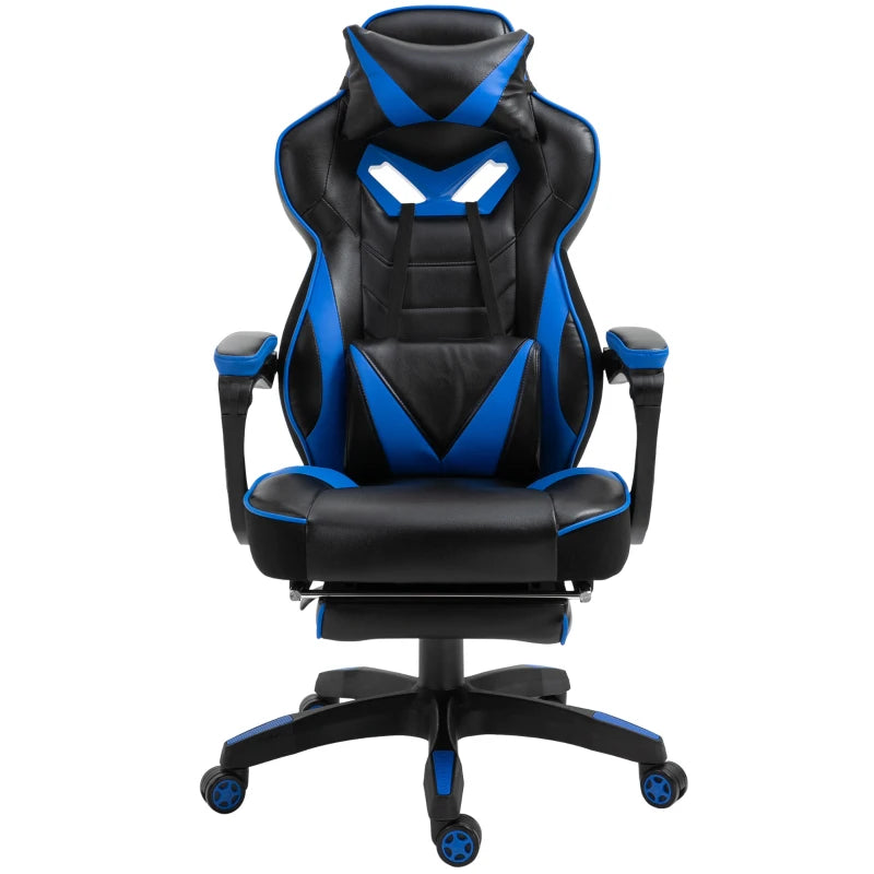 Vinsetto Blue/Black Faux Leather Reclining Gaming Chair with Footrest - Ergonomic Comfort for Gamers