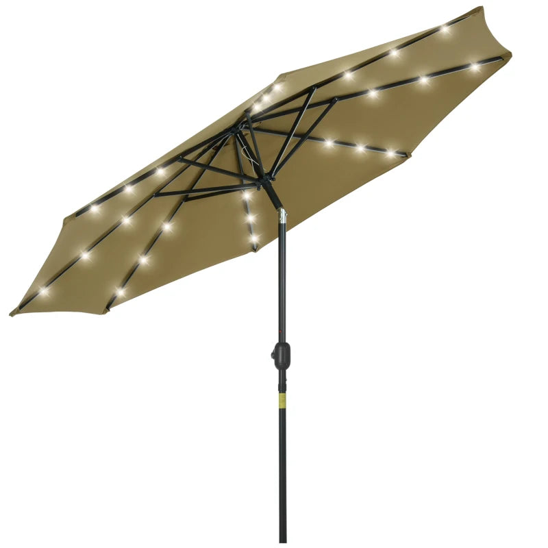 Brown 2.7m Patio Garden Umbrella with Tilt Crank and LED Lights