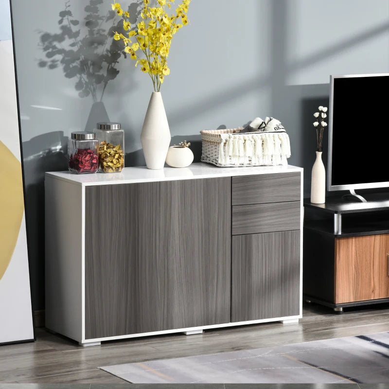High Gloss Sideboard with 2 Drawers - Modern Push-Open Design Side Cabinet for Living Room & Bedroom in Light Grey & White