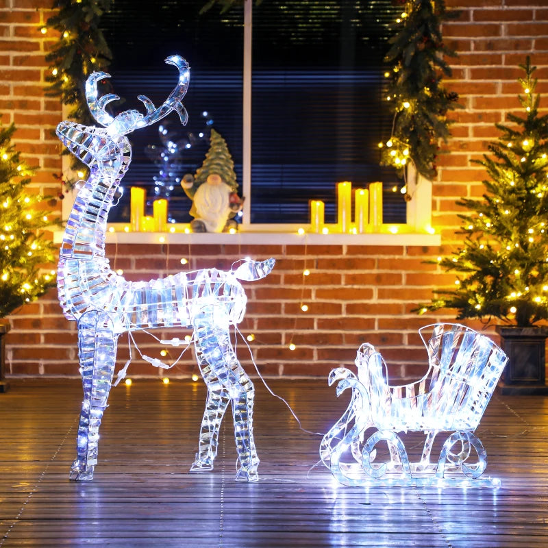 Lighted Christmas Reindeer Sleigh - 170 Warm White LED Outdoor Yard Decor, Waterproof Silver Holiday Decoration with Stakes