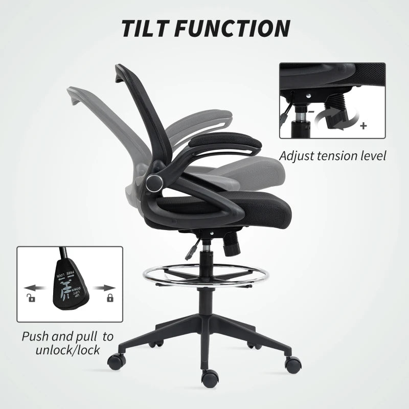 Vinsetto Adjustable Drafting Chair with Flip-Up Armrests, Mesh Office Stool, 360° Swivel, Foot Ring for Standing Desks - Black