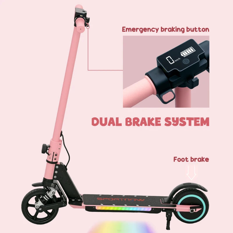 Folding Electric Scooter for Kids with Dual Brakes Front Suspension and LED Lights in Pink