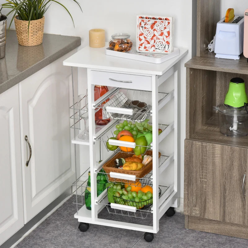 Rolling Kitchen Cart with 4 Basket Drawers & Side Racks - Mobile Utility Storage Cart on Wheels for Dining Room - White