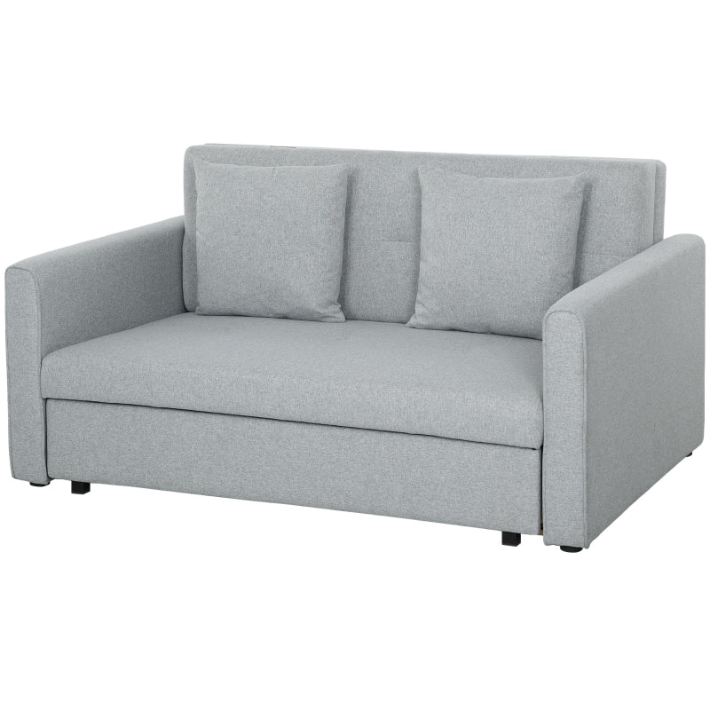 Modern 2 Seater Sofa Bed with Hidden Storage, Linen Loveseat Couch and Cushions for Living Room, Light Grey