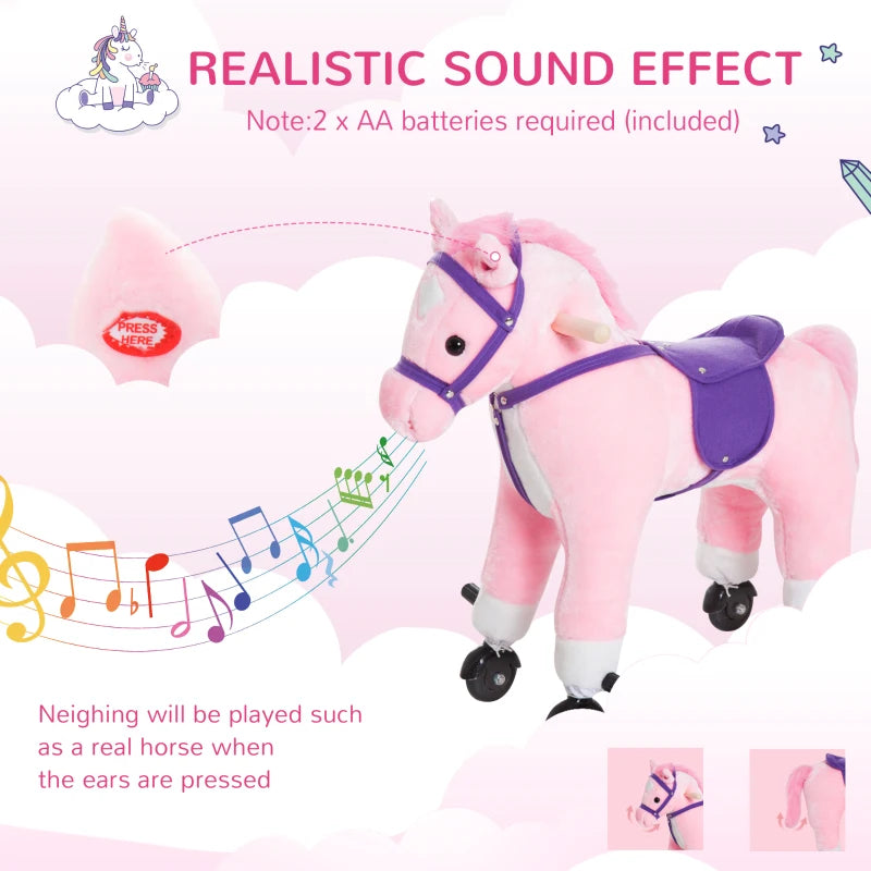 Plush Rocking Horse Ride On Toy for Kids with Sound for Ages 2 and Up Pink