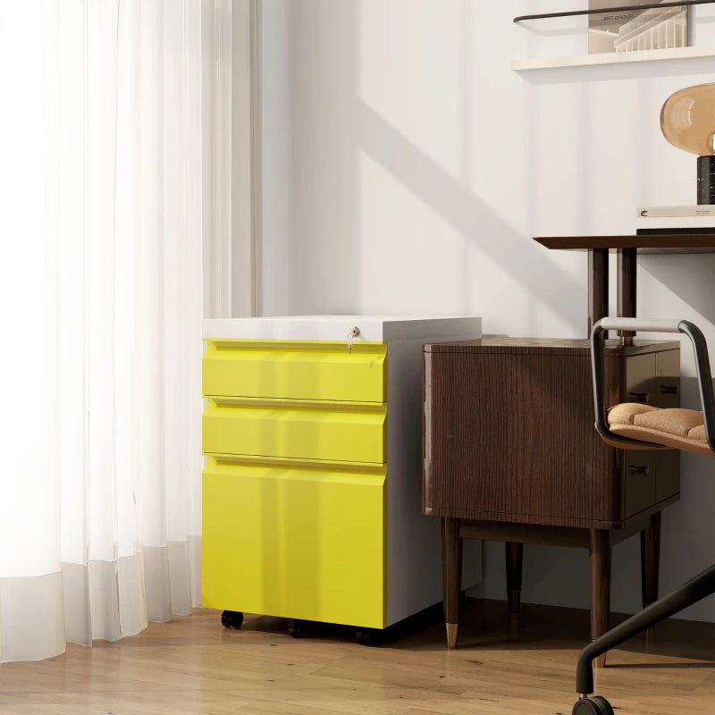 Vinsetto Mobile Metal File Cabinet - 3 Drawer Anti-Tilt Design for Letter, A4, Legal Size - Stylish Yellow