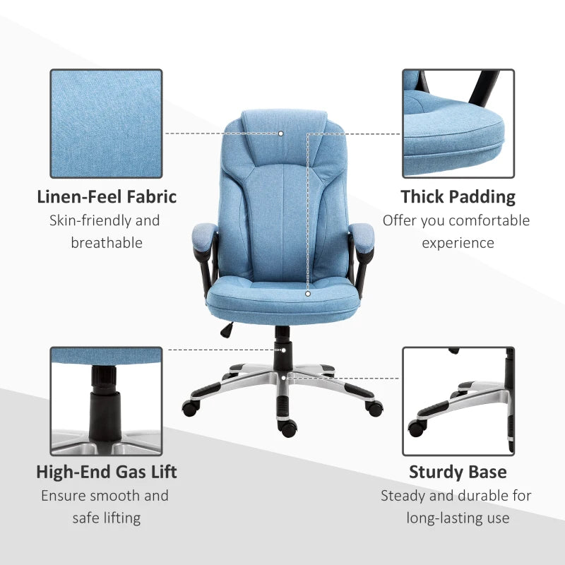 Vinsetto Blue Linen Fabric Office Chair - Height Adjustable Desk Chair with Padded Armrests, Swivel Wheels & Tilt Function