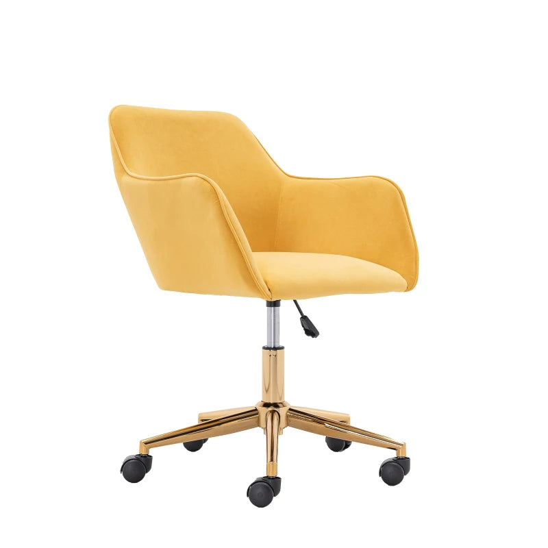 Ergonomic Yellow Velvet Swivel Office Chair with Gold Legs and Adjustable Height, 58x58x86 cm