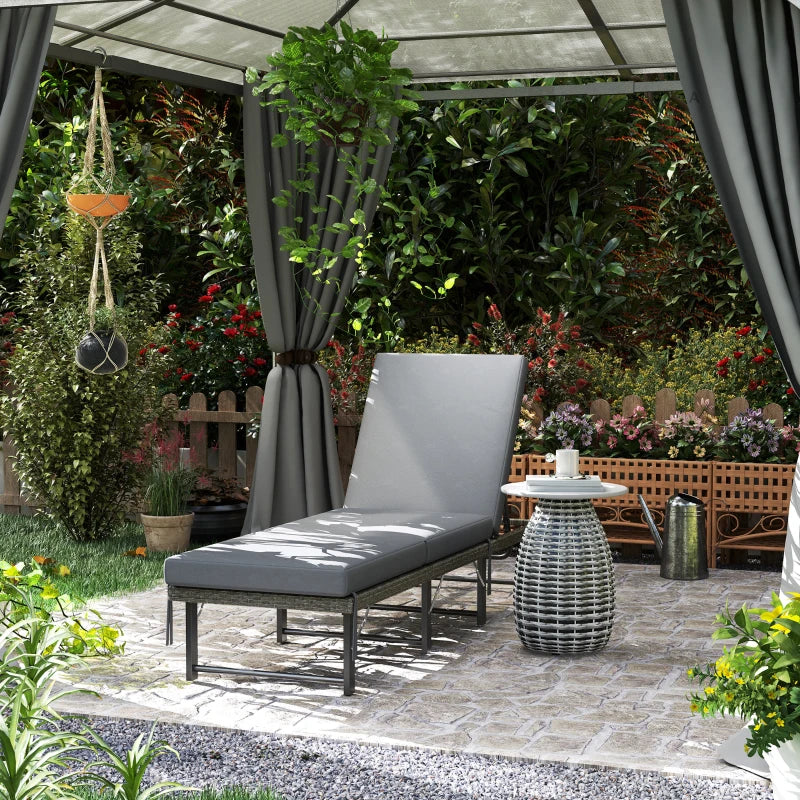 Grey Single Folding Rattan Sun Lounger with Cushion - Outdoor Relaxation Chair