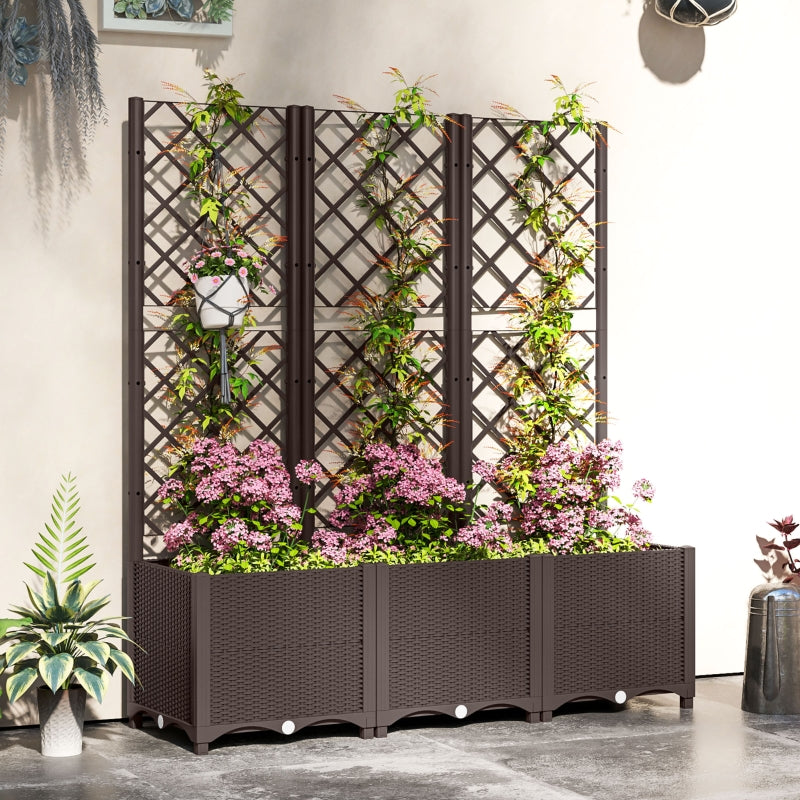 Brown Raised Garden Bed with Trellis - 48" Plastic Planter Box for Climbing Plants, Vegetables, and Flowers with Drainage Holes