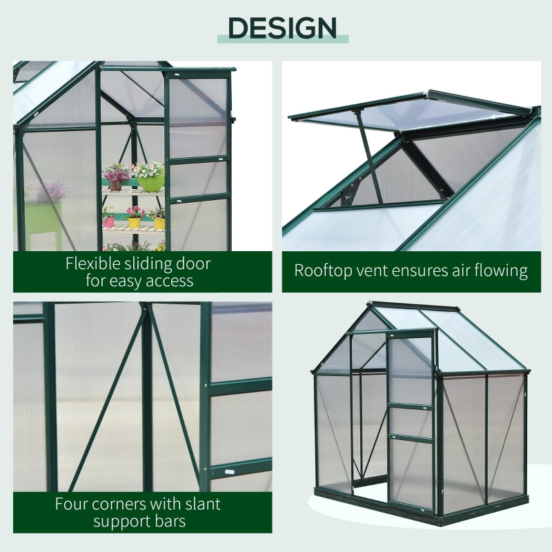 6ft x 4ft Walk-In Polycarbonate Greenhouse with Aluminium Frame, Sliding Door & Vent Window – Outdoor Garden Grow House for Plants, Vegetables & Flowers – Dark Green
