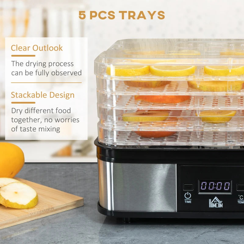 5-Tier Stainless Steel Food Dehydrator - 245W Adjustable Temperature & Timer, LCD Display for Fruits, Vegetables, Jerky & Pet Treats