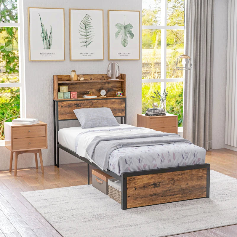 Industrial Single Bed Frame 3.1FT Steel Base with Storage Headboard & Footboard, Slatted Support, Rustic Brown 95x209cm