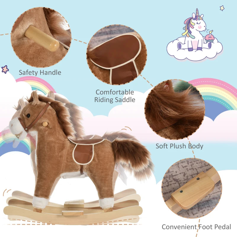 Kids Classic Rocking Horse with Moving Mouth & Neighing Sounds - Brown Plush Toy for Fun Playtime