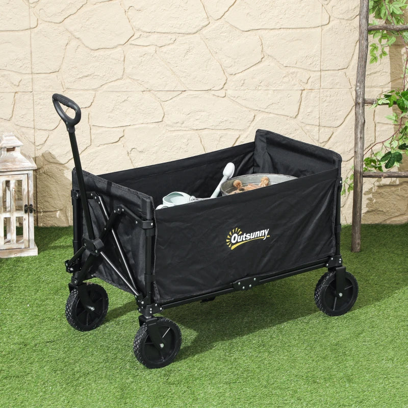 120L Folding Garden Trolley Cart - Black Outdoor Collapsible Wagon with Wheels & Adjustable Handle for Beach, Camping & Festivals