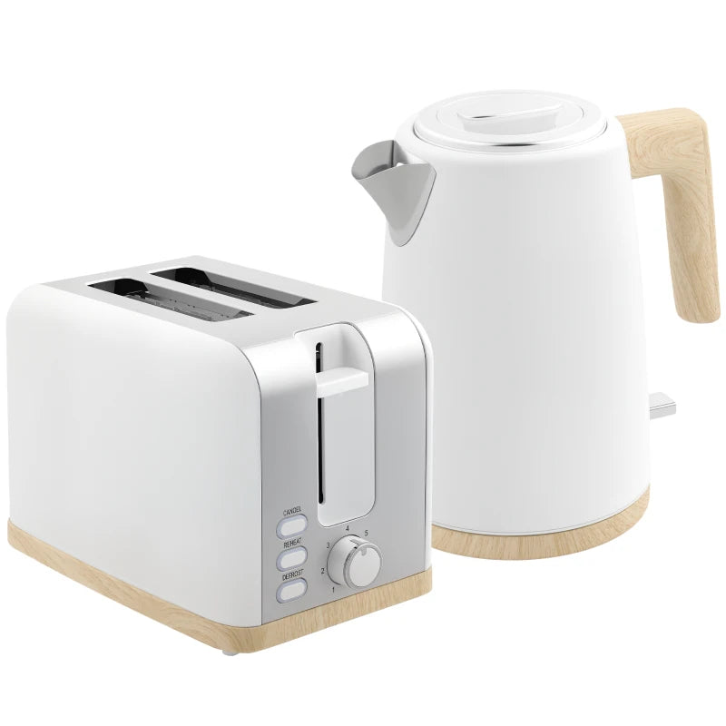 Stainless Steel Kettle & Toaster Set - 1.7L Fast Boil Kettle 3000W & 2 Slice Toaster with 7 Browning Levels, White