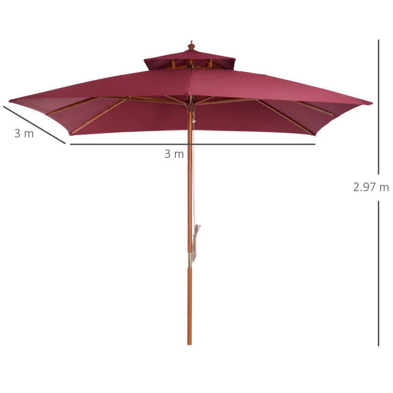 Double Tier Wine Red Wooden Garden Parasol Umbrella