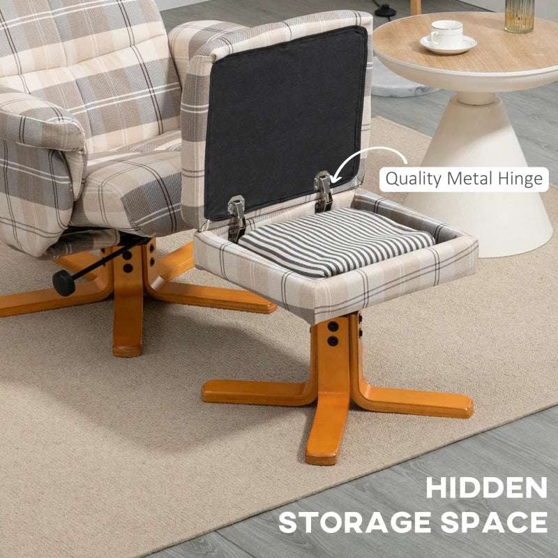 Linen Swivel Recliner Chair with Footstool and Storage, Wooden Base for Living Room, Multicolour